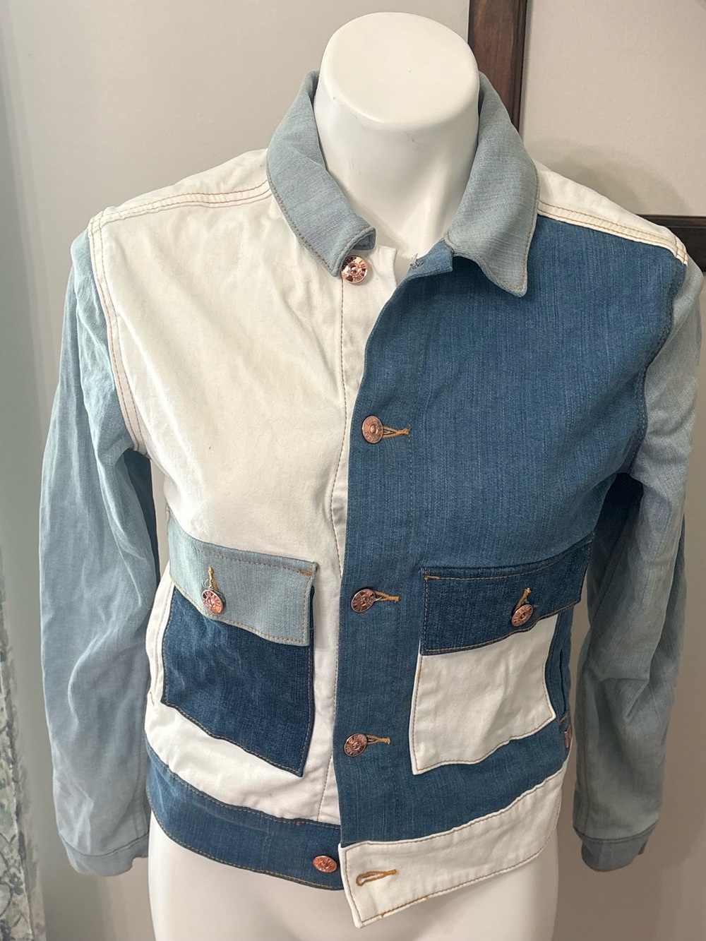Lularoe Harvey Color Block Denim Jean Jacket Size XS Extra Patchwork Boho